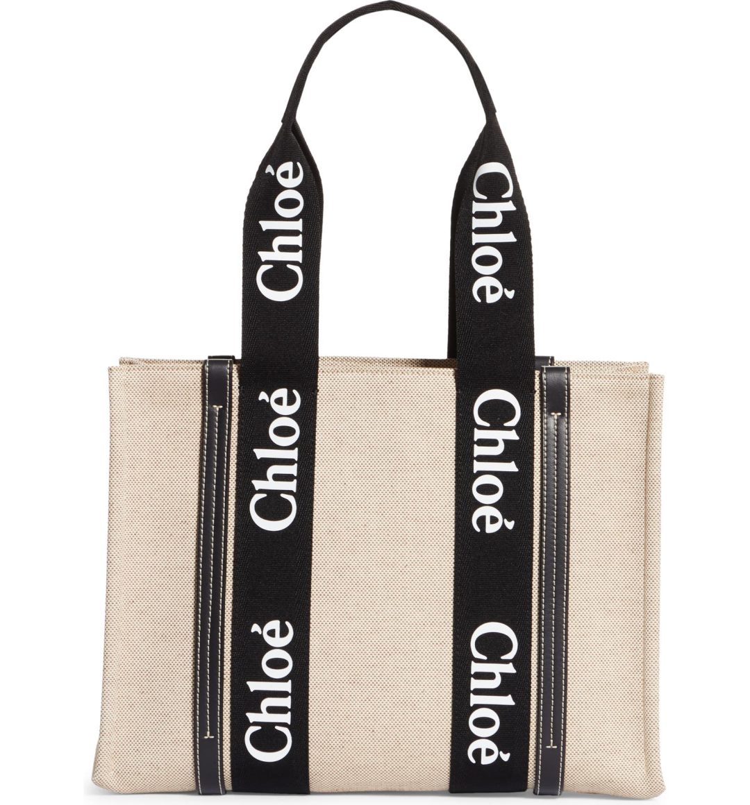 Off white, black, and navy Chloe Medium Woody Logo Strap Canvas Tote 