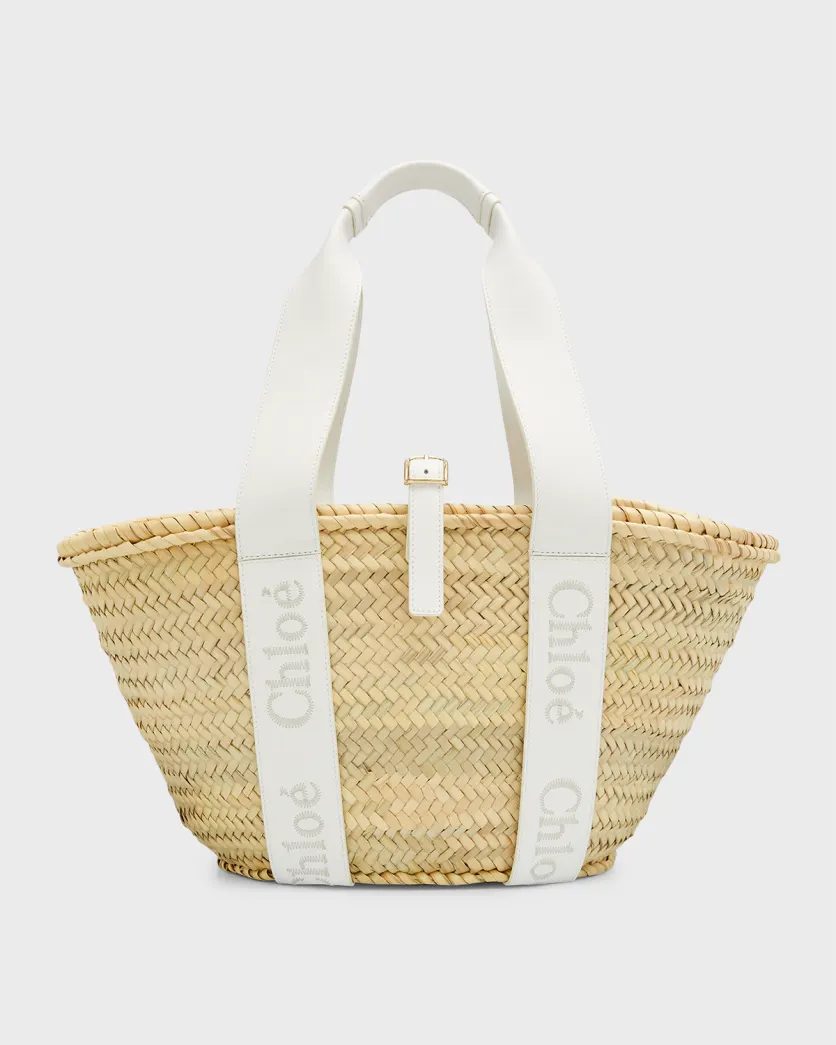 Neutral and white Chloe Sense Medium Raffia & Leather Tote Bag 