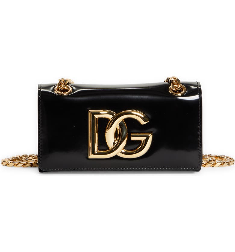 Black and gold Dolce & Gabbana Logo Polished Calfskin Crossbody Phone Case with Card Holder 