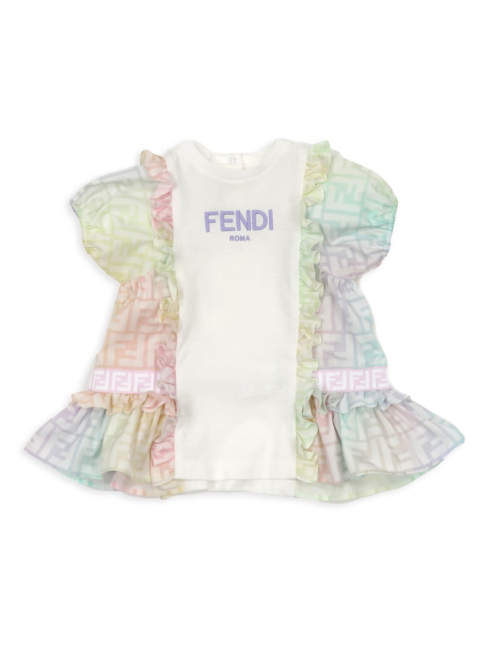 White and multicolor Fendi Baby Girl's Ruffled Monogram Dress 