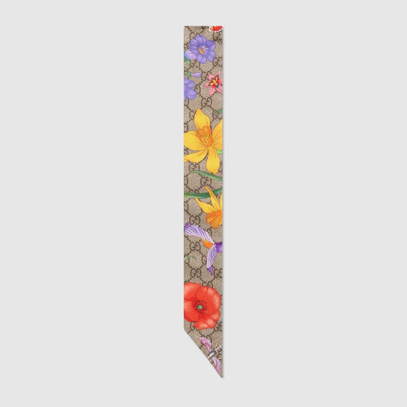 Brown, red, purple, yellow, green, and pink Gucci GG Flora print silk neck bow 