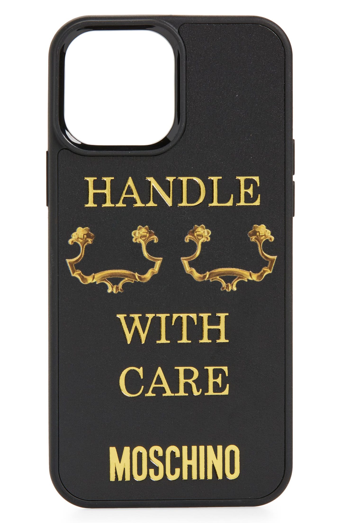 Black and gold Moschino Handle with Care iPhone Pro Max Case 