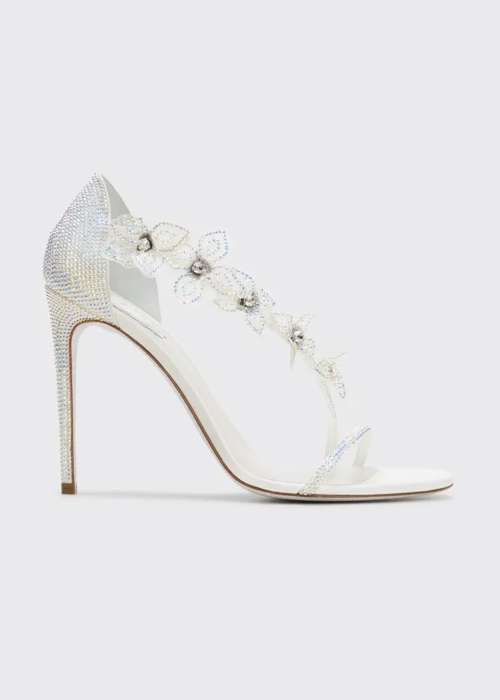 Best designer wedding shoes: White Rene Caovilla 105mm Floral Crystal Stiletto Sandals 