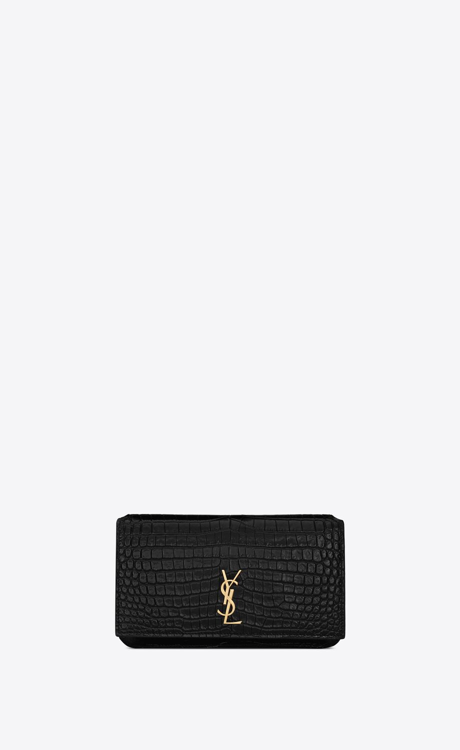 Black Saint Laurent Cassandre Saint Laurent Phone Bag With Strap In Shiny Crocodile-Embossed Leather 