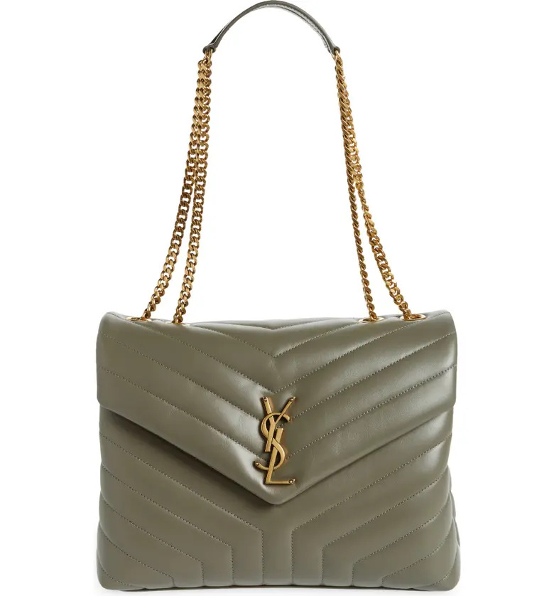 Khaki YSL Medium Loulou Matelassé Leather Shoulder Bag