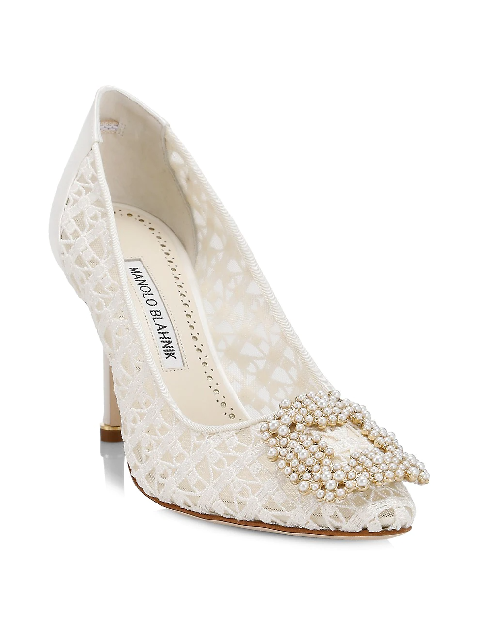 Best designer wedding shoes: White Manolo Blahnik Hangisi Lace Pumps