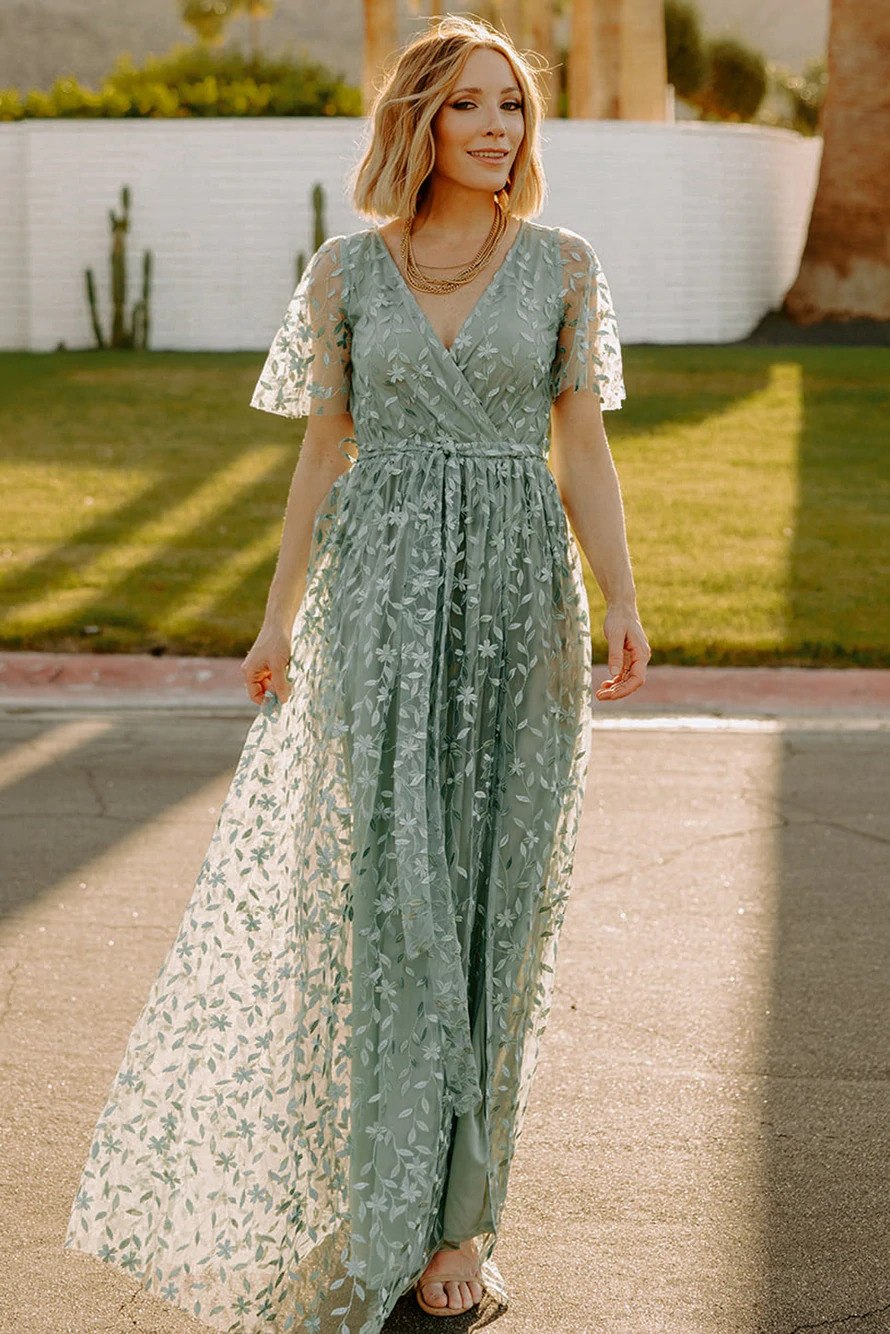 Sage long dress for a wedding guest