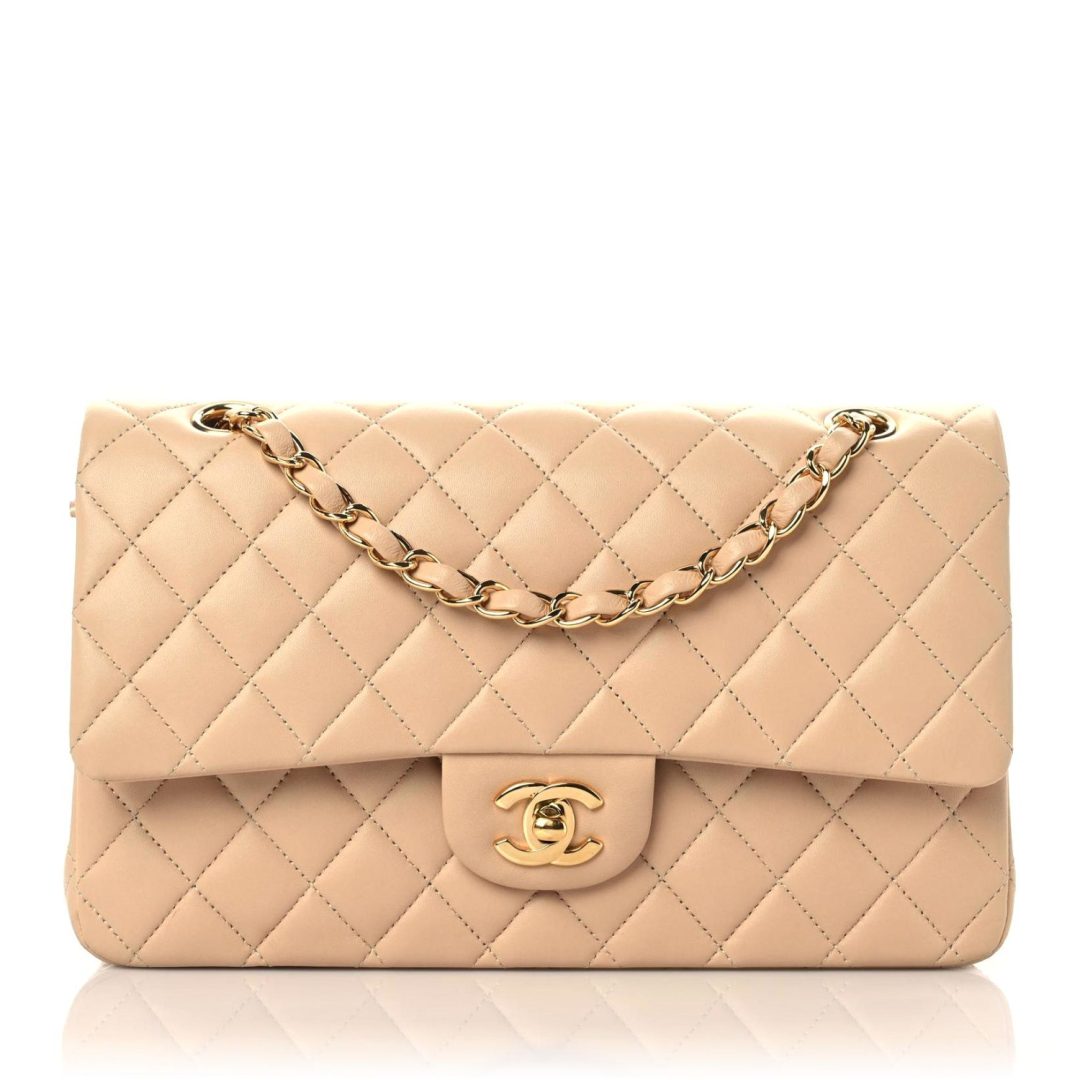 Beige Chanel Lambskin Quilted Medium Double Flap 