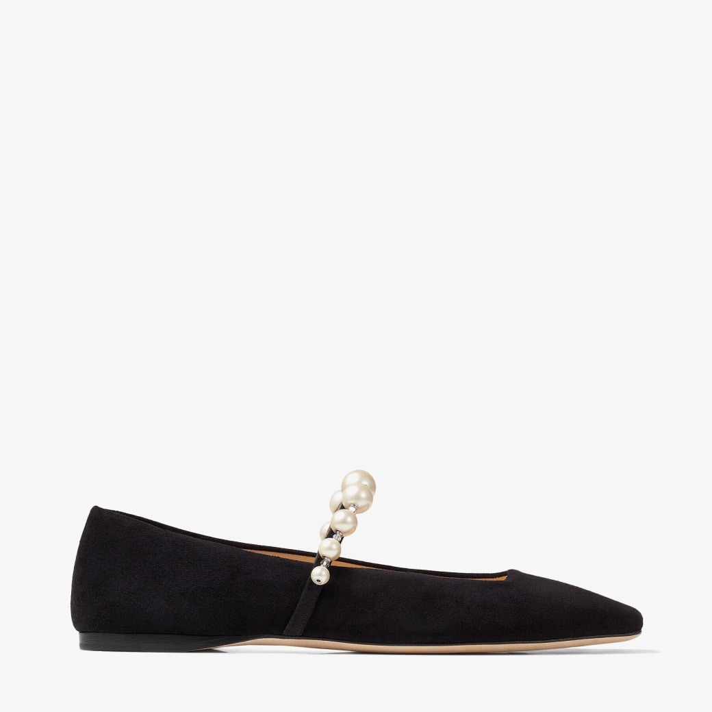 Black Jimmy Choo Ade Flat Black Suede Flats with Pearl Embellishment 