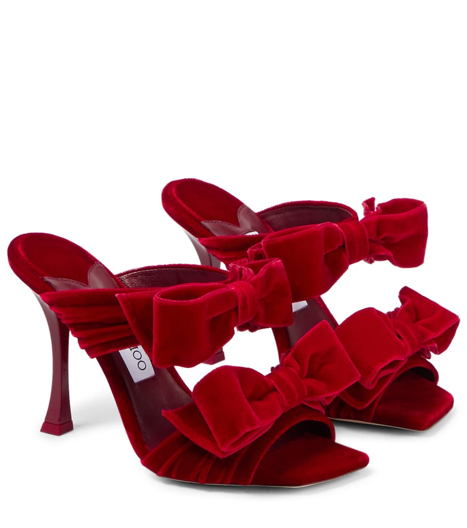 Red Jimmy Choo Flaca 100 velvet bow mules 