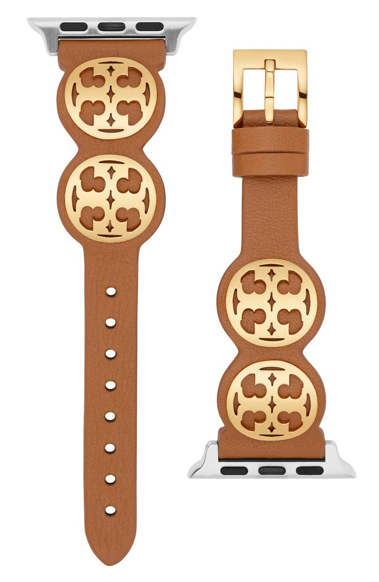 Tan and gold Tory Burch Miller Leather Strap for Apple Watch