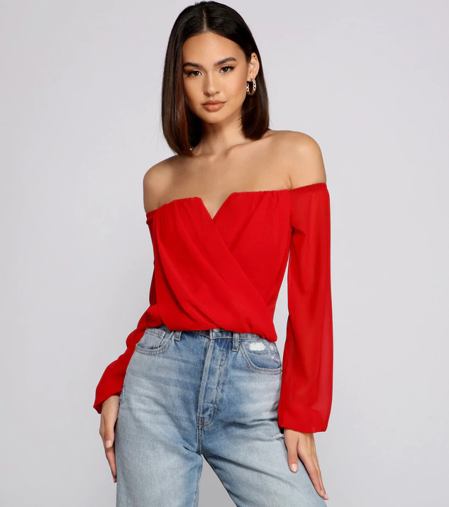 Red strapless chiffon top with long sleeves and an elegant look