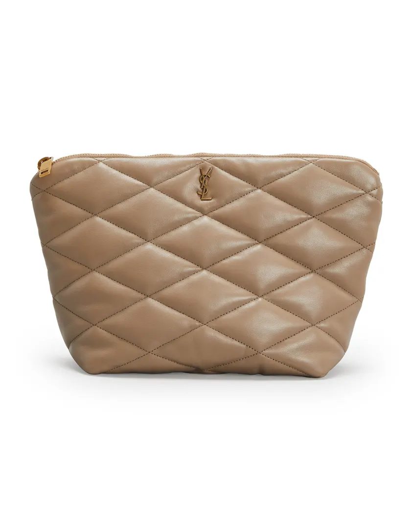 Taupe Saint Laurent Sade YSL Quilted Lambskin Pouch Clutch Bag