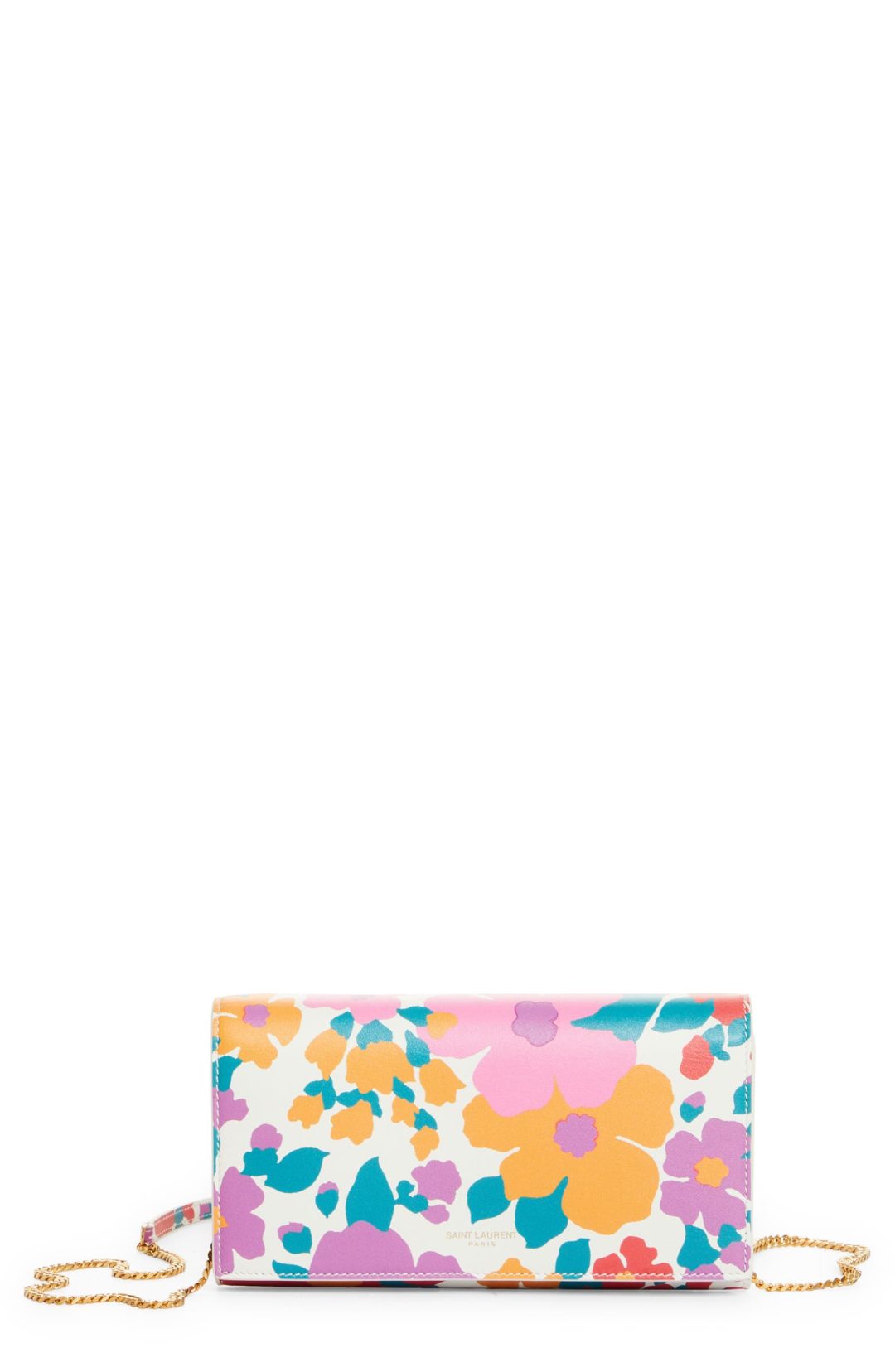 White, pink, yellow, and blue Saint Laurent Floral Print Leather Wallet on a Chain 