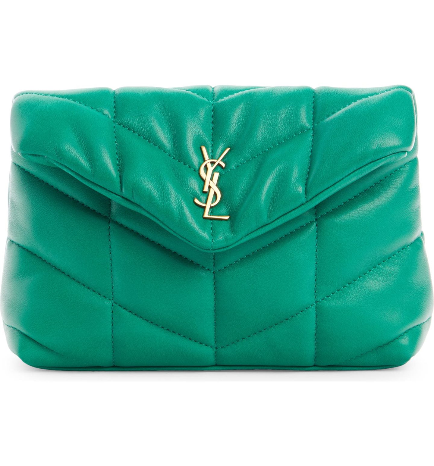 Green YSL Small Lou Leather Puffer Clutch 