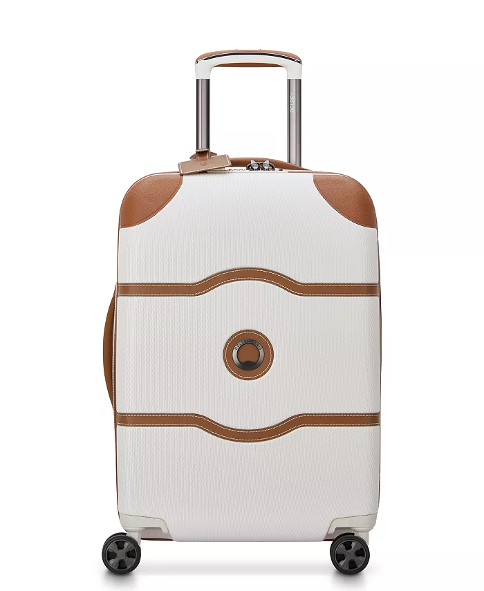 White and tan Delsey Chatelet Air 2.0 21" Large Carry-On Spinner case