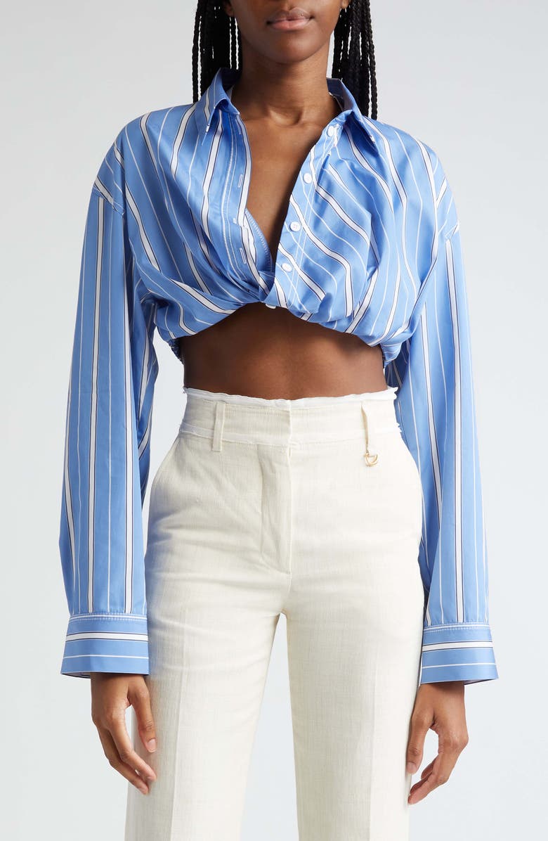 Blue and white Jacquemus La Chemise Bahia Stripe Crop Cotton Shirt 