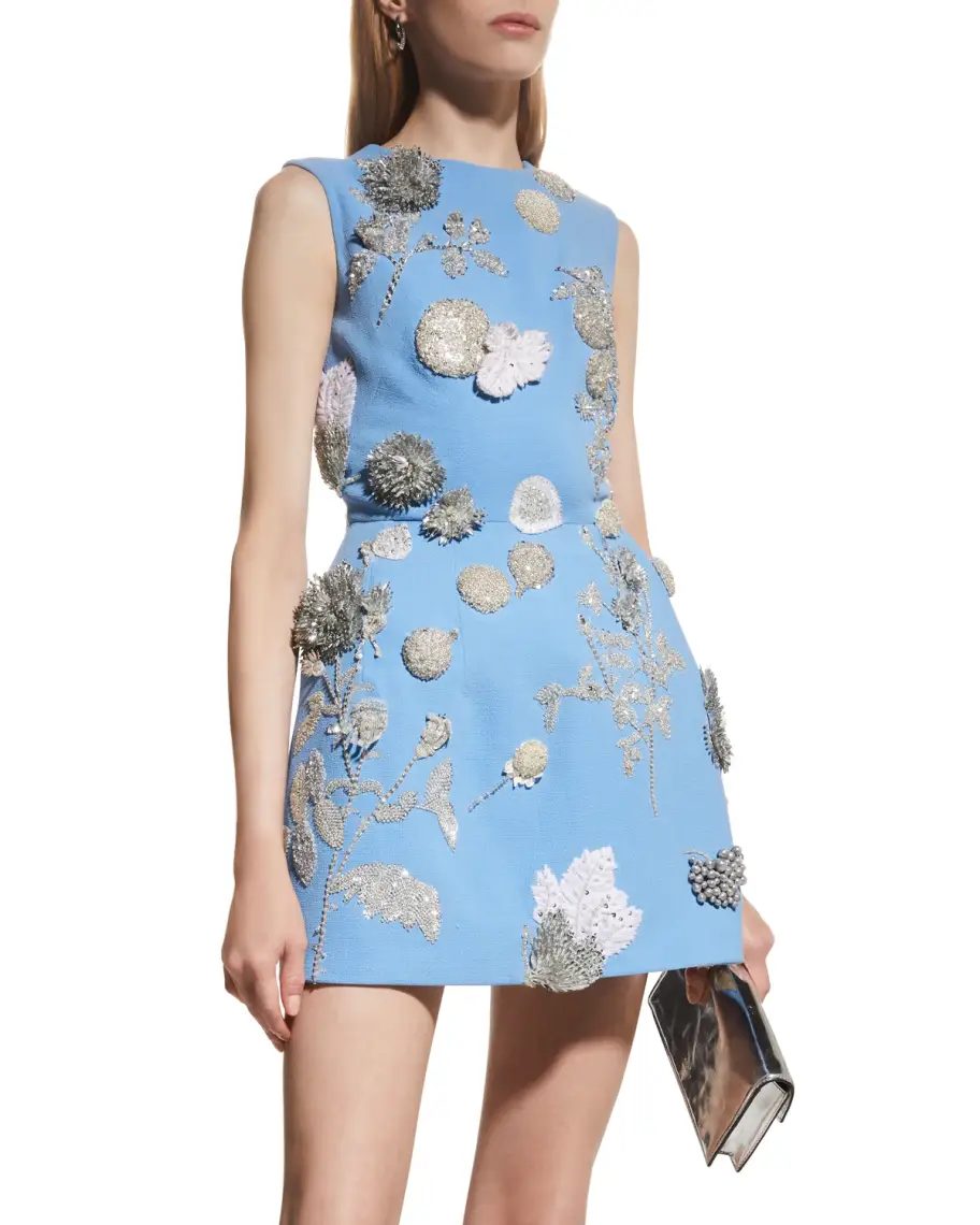 Blue Oscar De La Renta Embroidered Mini Dress 