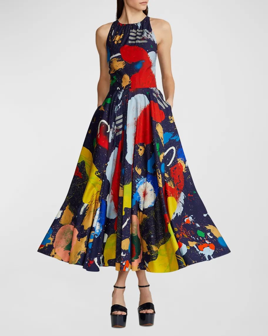 Navy, red, yellow and white Ralph Lauren Collection Renshaw Paint Splatter Midi Dress 