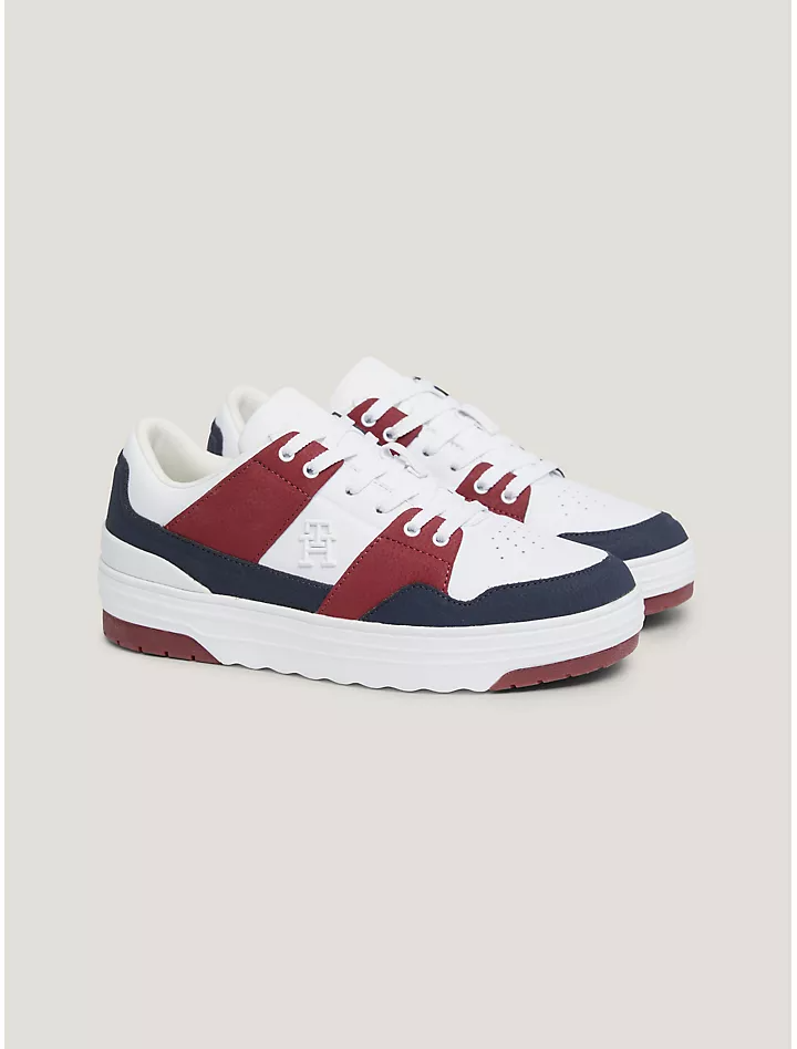 White, red, and navy Tommy Hilfiger TH Logo Colorblock Leather Sneaker 