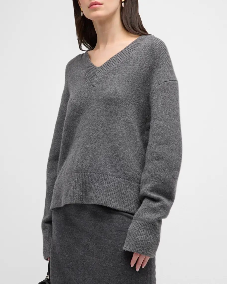 Grey Vince Wool Drop-Shoulder V-Neck Pullover Sweater 