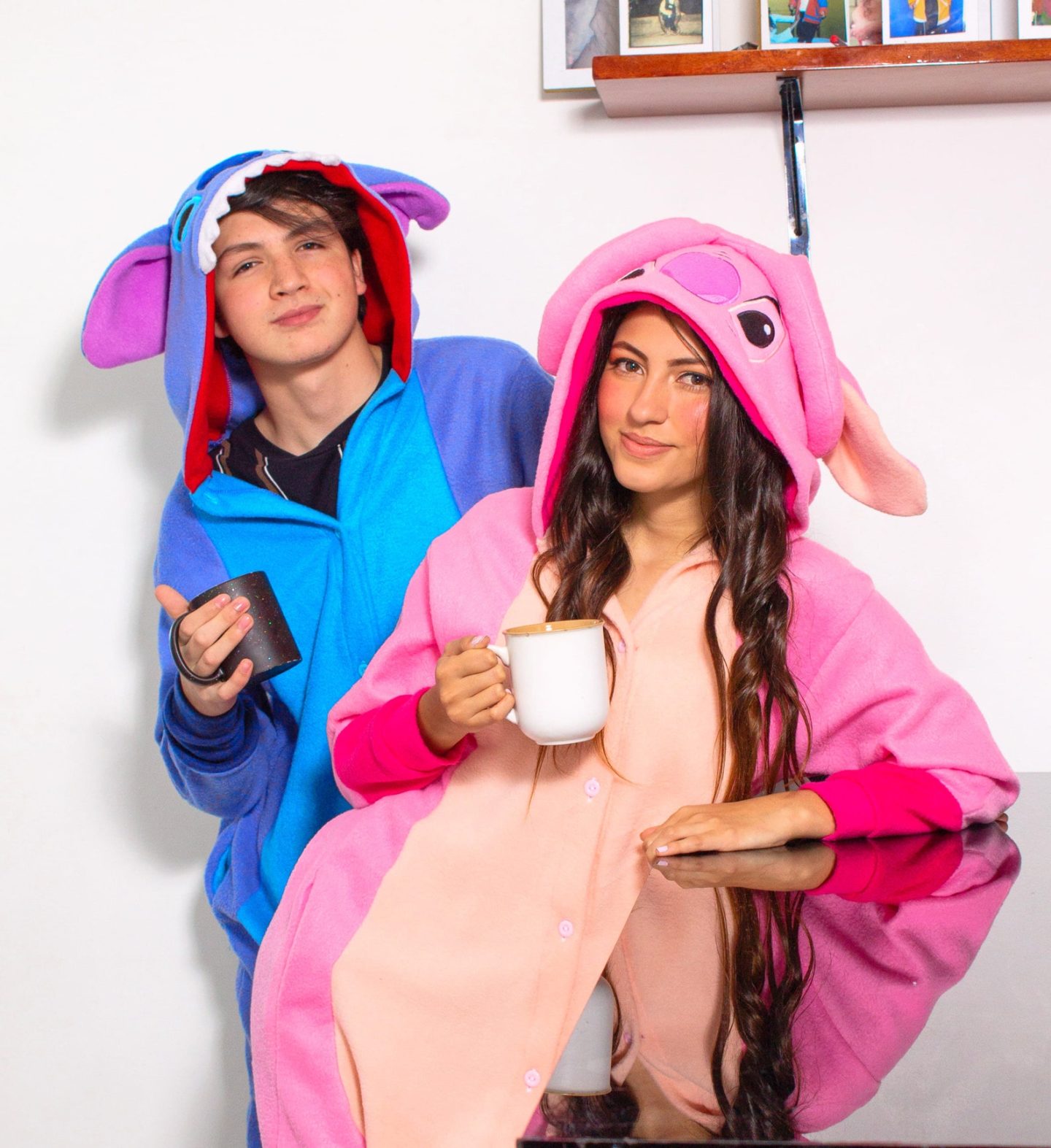 Pink and blue Stitch and Angel Halloween couple costumes