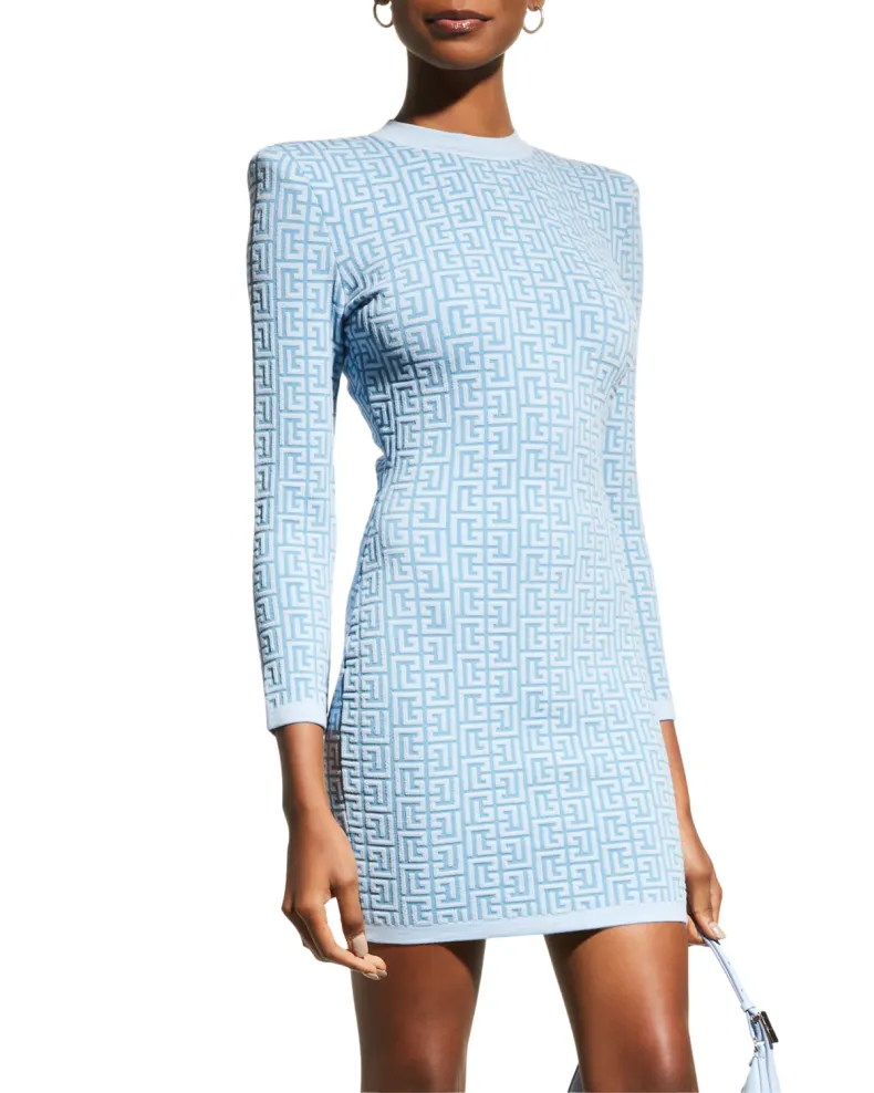 Blue Balmain Long-Sleeve Monogram Knit Mini Dress 