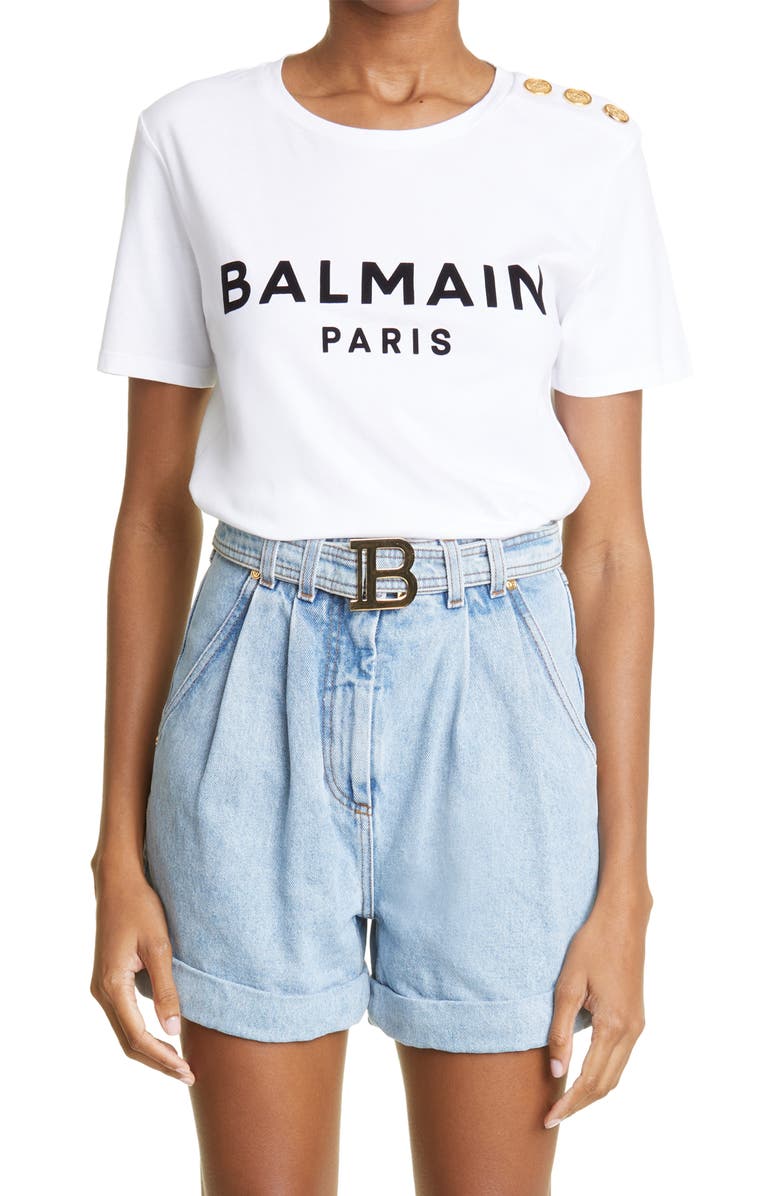 White Balmain Button Shoulder Cotton Logo Tee 