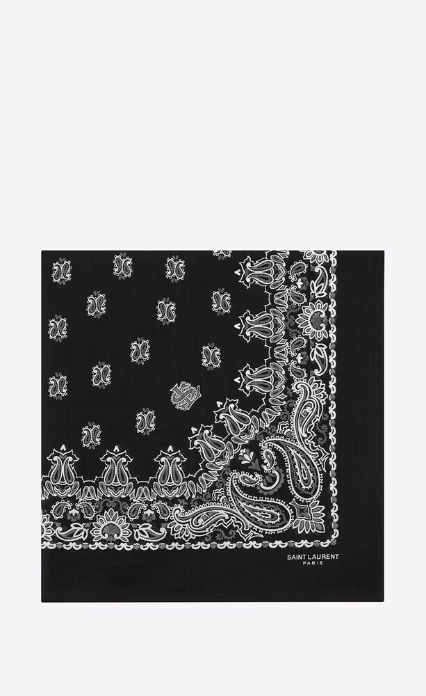 Black and White Saint Laurent Bandana Square Scarf In Paisley Printed Cotton 