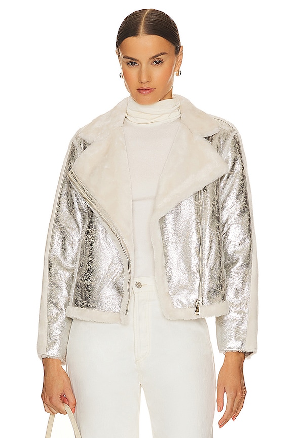 White and silver Adrienne Landau Moonstone Faux Shearling Jacket 
