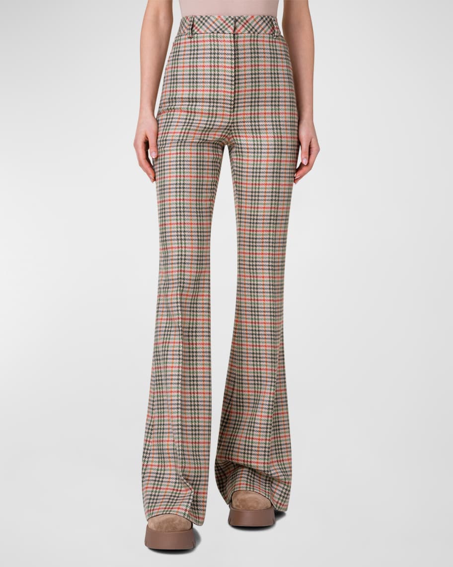Camel and red Akris Fares High-Waist Wool Check Bootcut Pants 