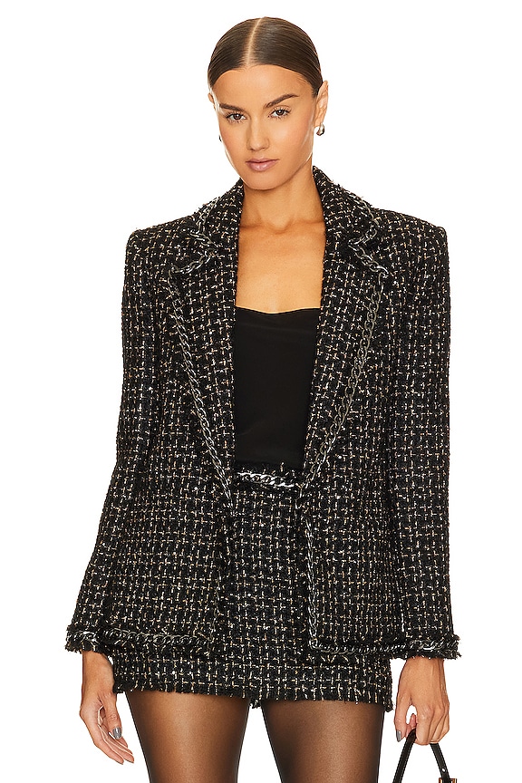 Black and white Alice + Olivia Shan Ovsz Chain Fringe Blazer 