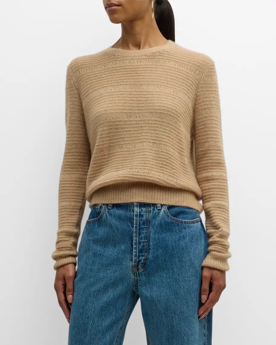 Camel Autumn Cashmere Cashmere-Silk Ribbed Crewneck Sweater 