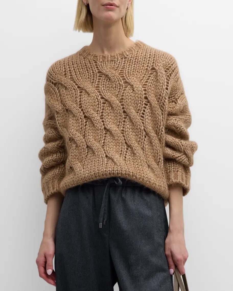 Camel Brunello Cucinelli Iridescent Cable Wool Sweater 