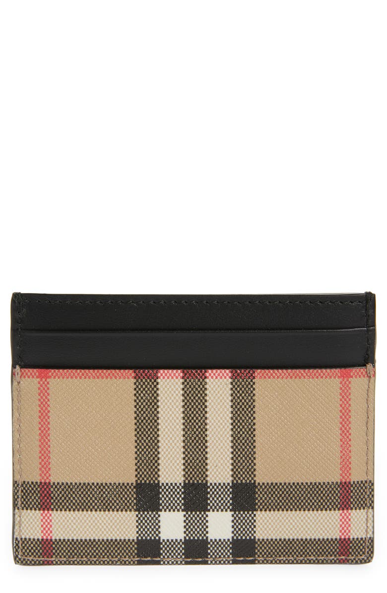 Black, beige, white, and red Burberry Sandon Check E-Canvas & Leather Card Case 