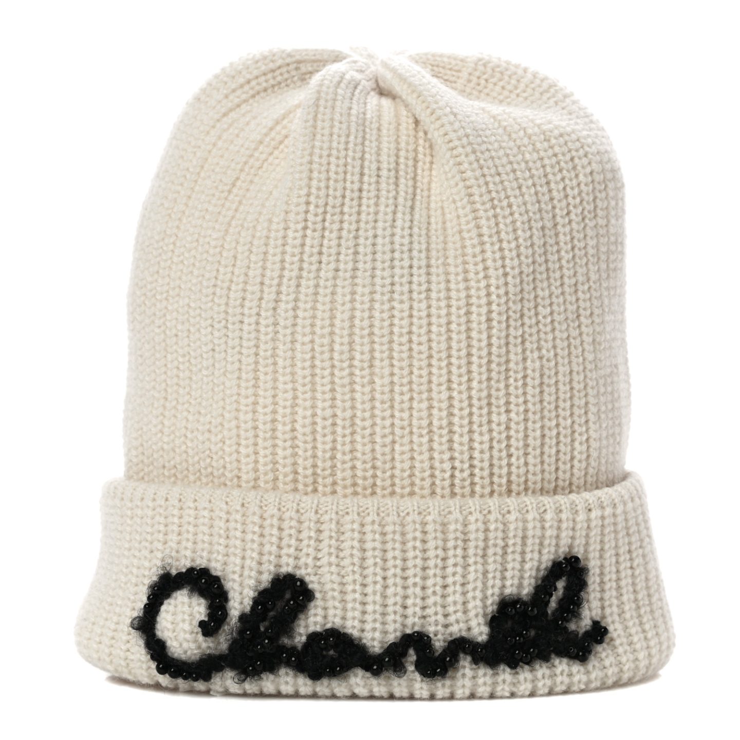 Ivory and black Chanel Cashmere Logo Beanie Hat 