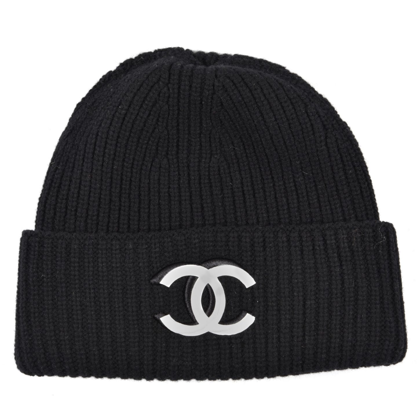 Black Chanel Wool Cashmere CC Beanie Hat