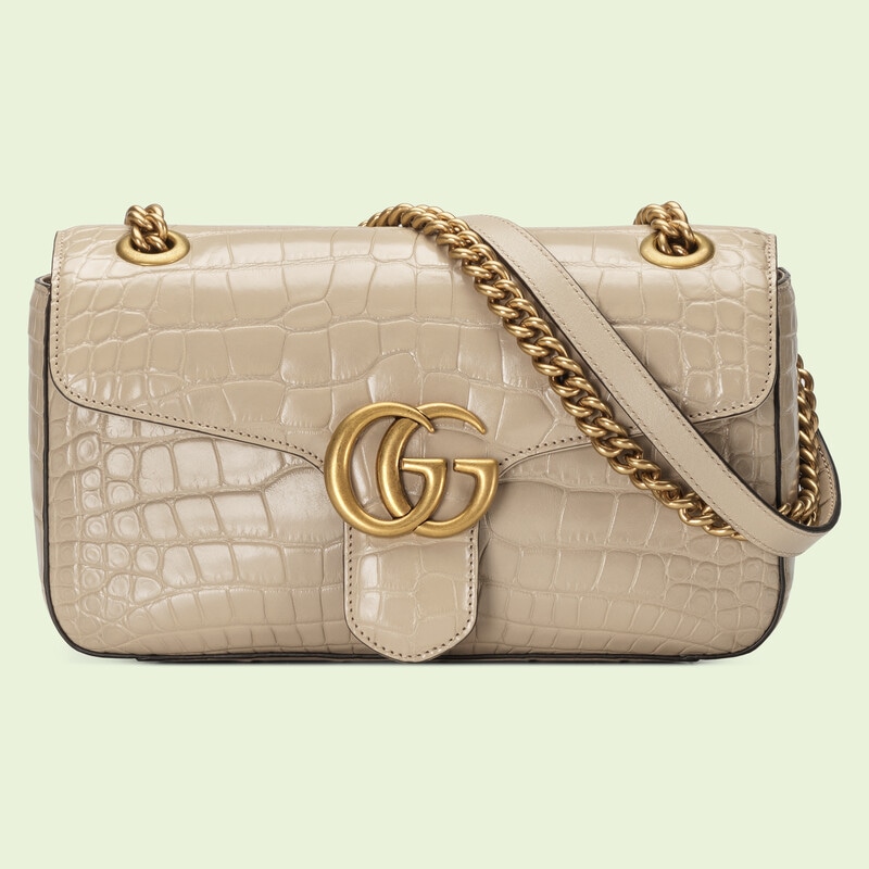 Beige Gucci GG Marmont small crocodile shoulder bag 