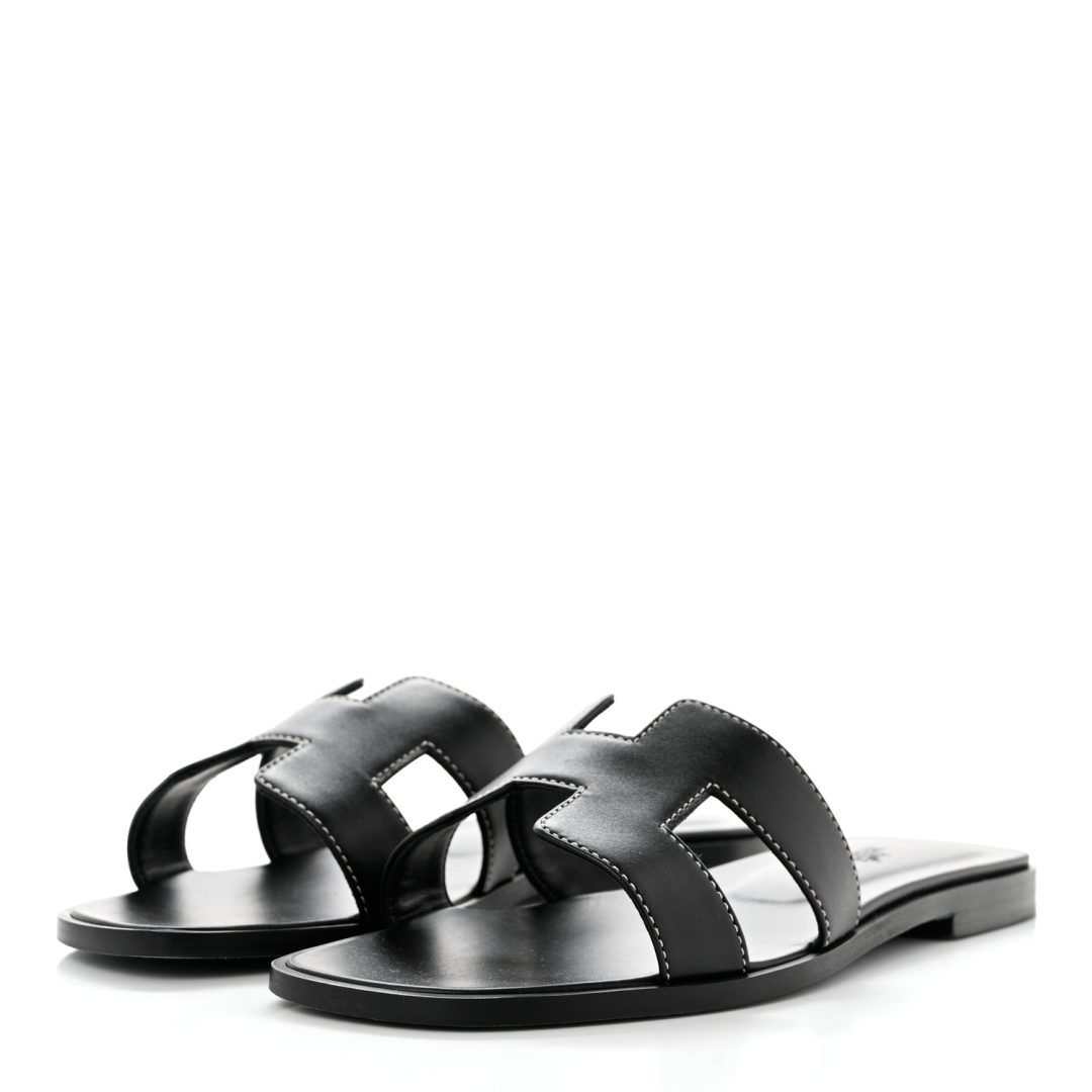 Black Hermes Box Calfskin Oran Sandals 