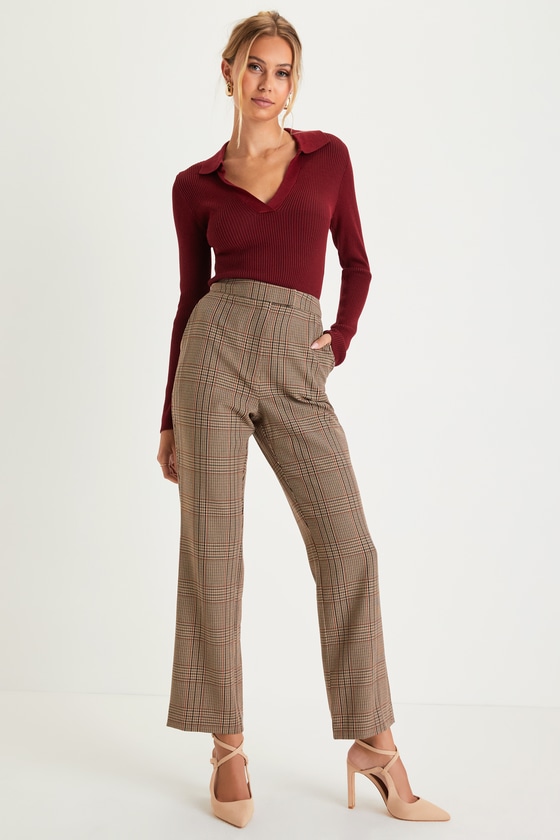 Camel Lulus Completely Posh Brown Plaid High Waisted Straight Leg Pants