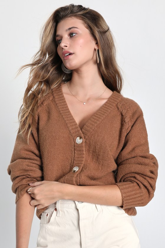 Brown Lulus Fall Fixation Light Brown Knit Button-Up Cardigan