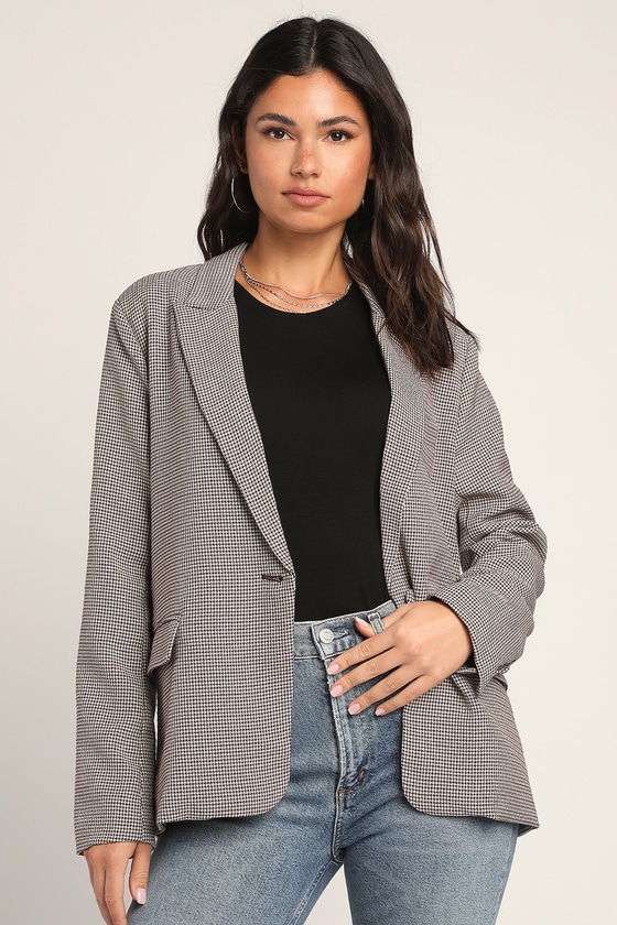Grey Lulus Perfect Practice Taupe Houndstooth Blazer 