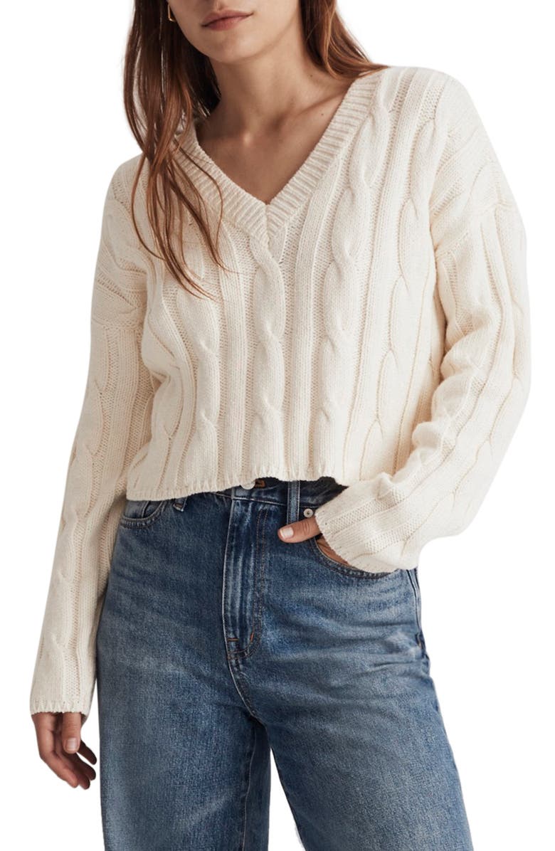 Ivory Madewell Cable Knit V-Neck Crop Sweater 