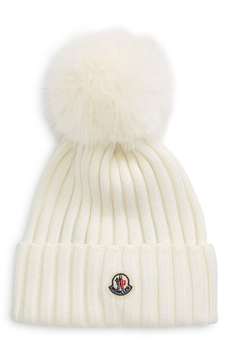 White Moncler Wool Rib Beanie with Faux Fur Pompom 