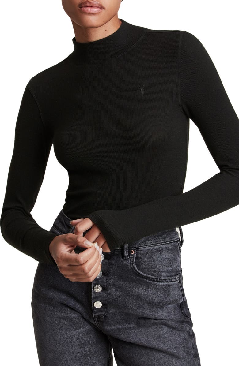 Black AllSaints Francesco Rina Ribbed Mock Neck T-Shirt 