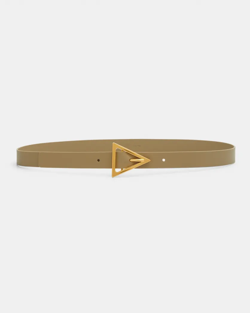 Taupe-green and gold Bottega Veneta Triangle Buckle Skinny Leather Belt 