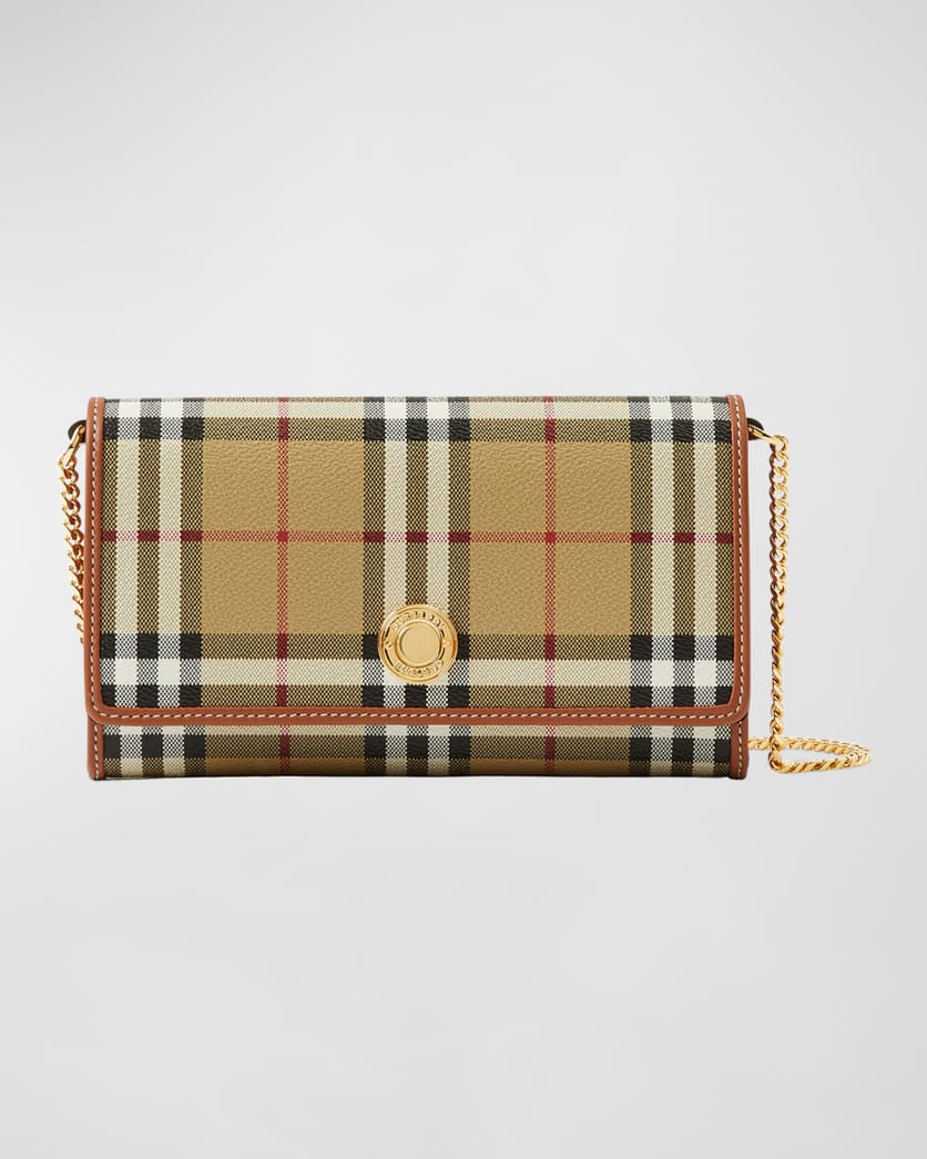Beige, white, black, and red Burberry Hannah Check Flap Wallet on Chain 