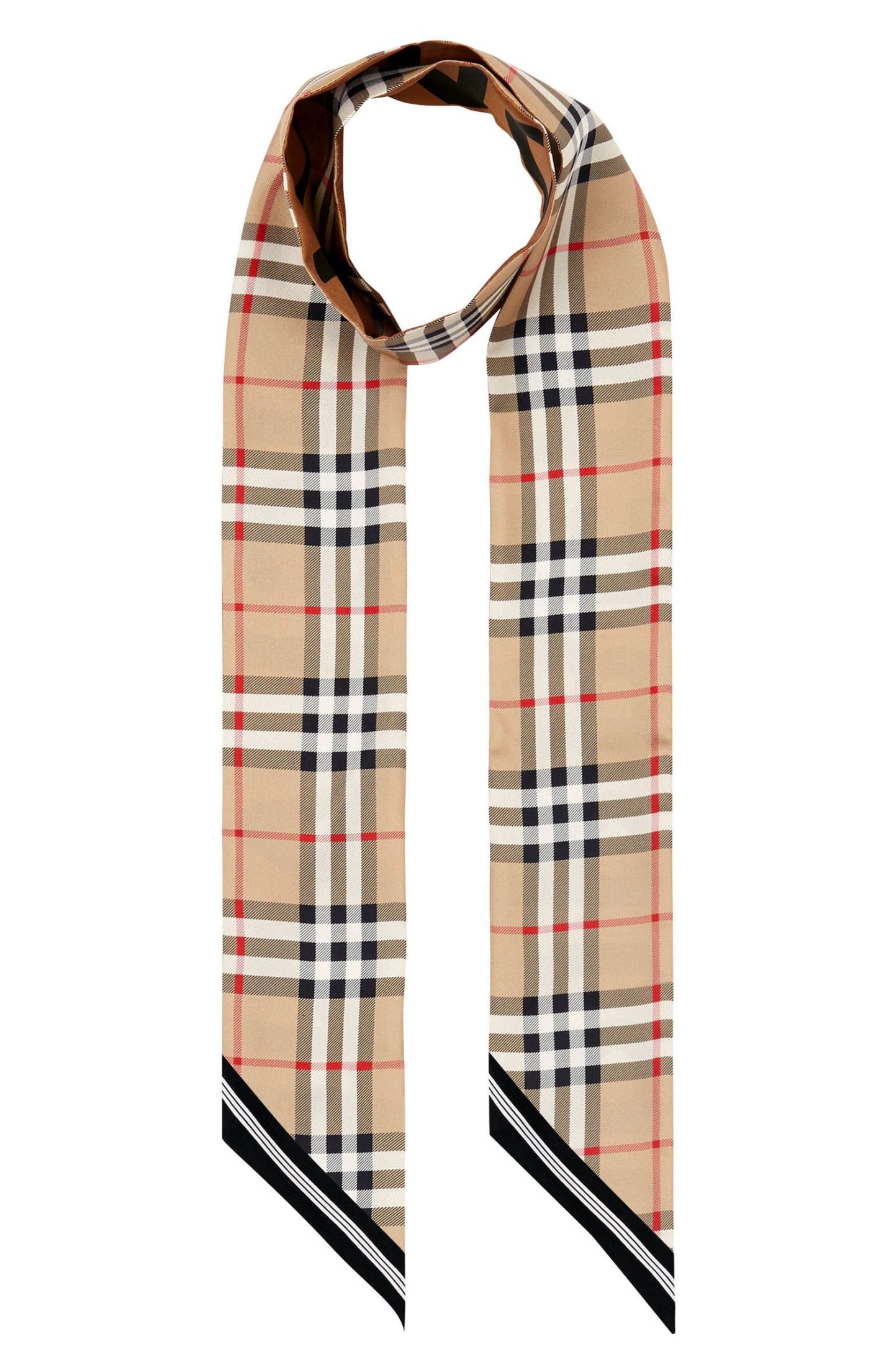 Beige, red, white, and black Burberry Vintage Check Mulberry Silk Skinny Scarf 