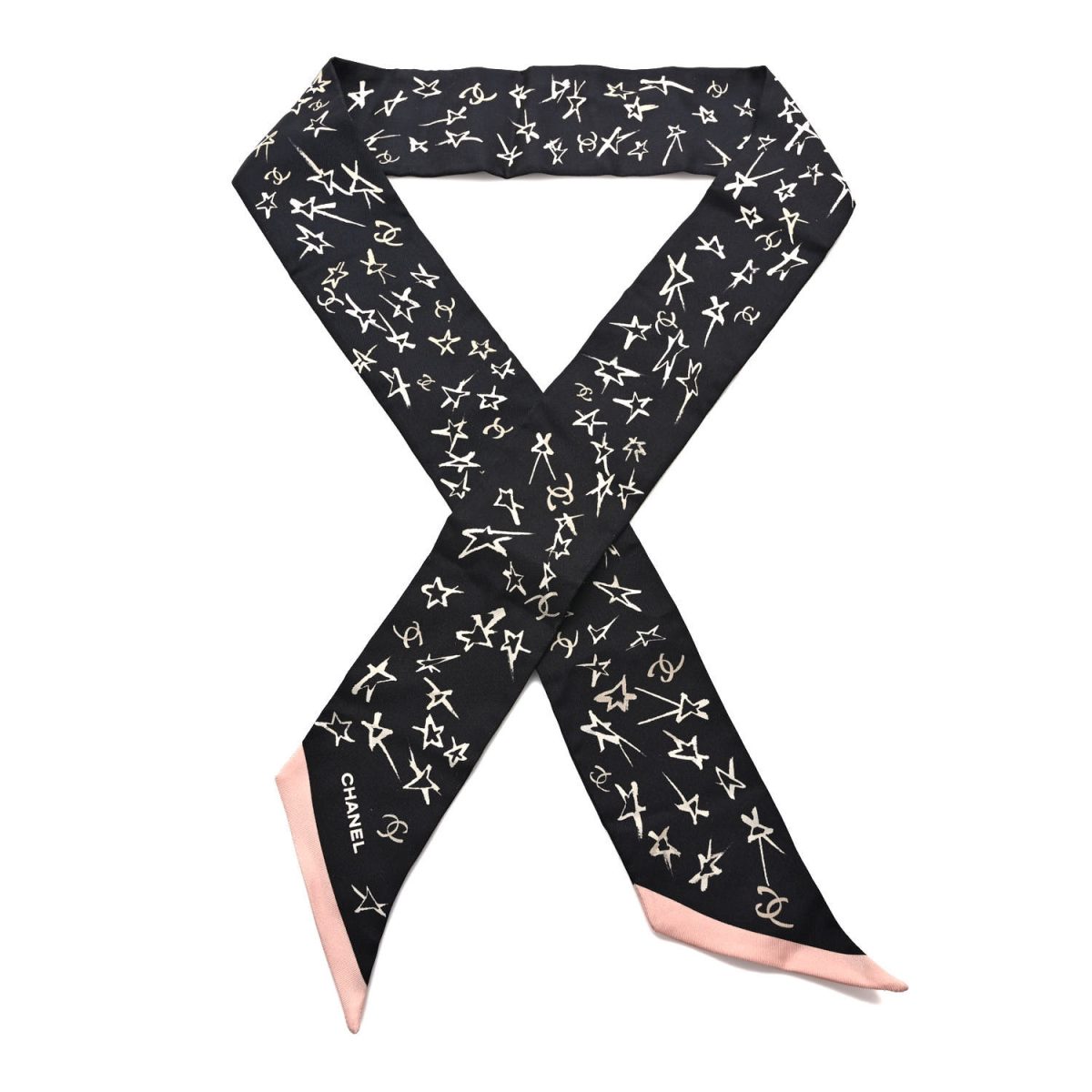 Black, white, and pink Chanel Silk Stars CC Slim Bandeau Scarf