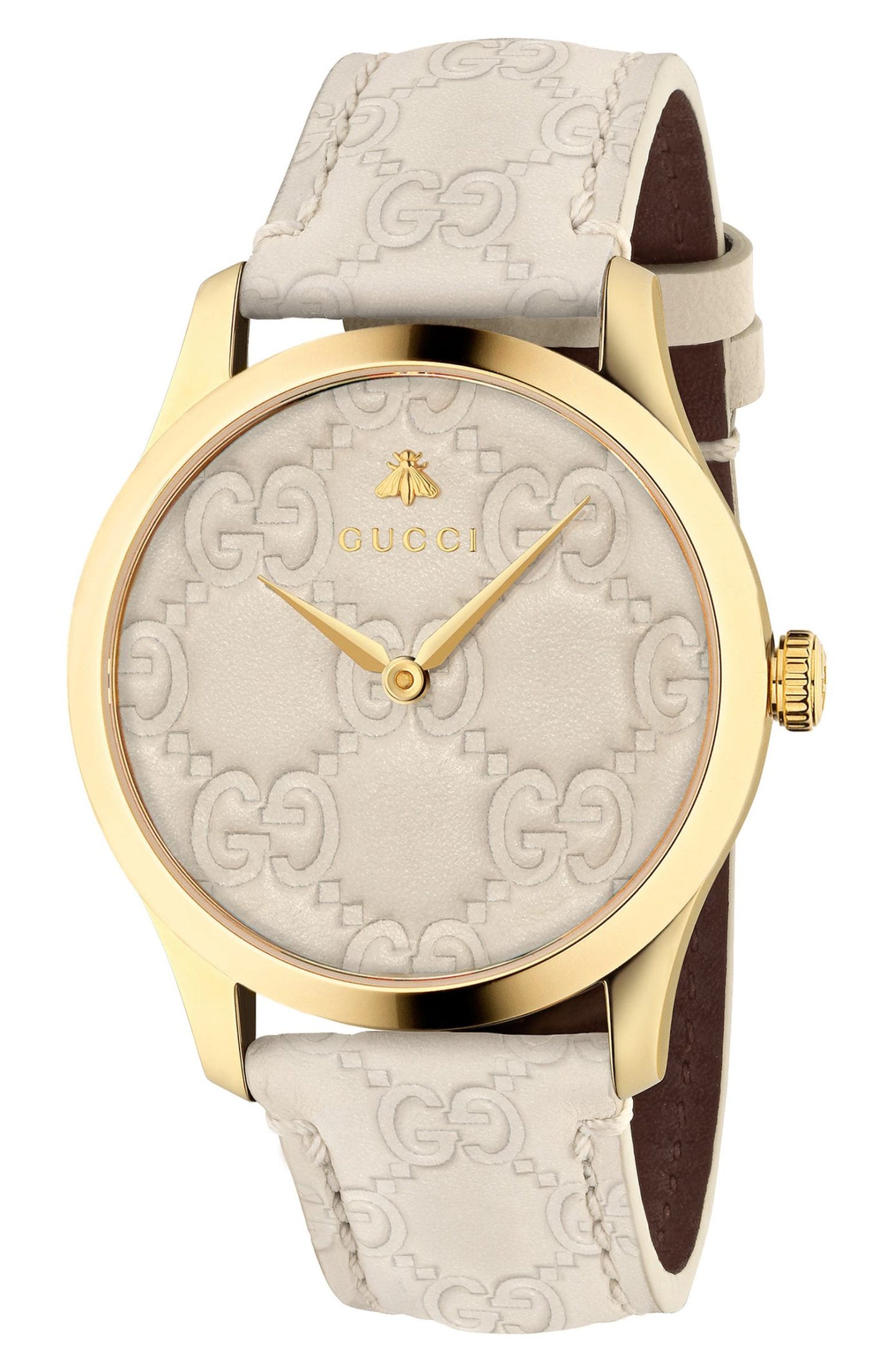 Beige and gold Gucci G-Timeless Logo Leather Strap Watch